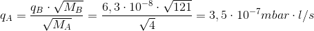 q_A = \frac{q_B \cdot \sqrt{M_B}}{\sqrt{M_A}} = \frac{6,3 \cdot 10^{-8} \cdot \sqrt{121}}{\sqrt{4}} = 3,5 \cdot 10^{-7} mbar \cdot l/s